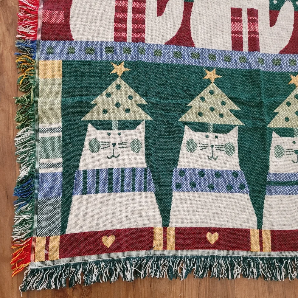 Crown Crafts Throw Blanket Noel Cats Pat Meyers Vintage Christmas Holiday NEW